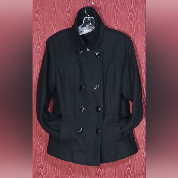 CALVIN KLEIN Black Double-Breasted Button Up Crew Neck Coat Women's